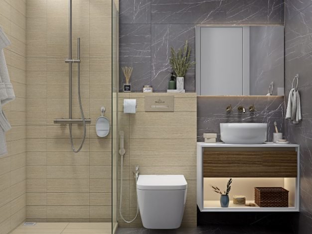 small-bathroom-design-with-wood-finished-floating-vanity-unit-in-modern-2bhk-home